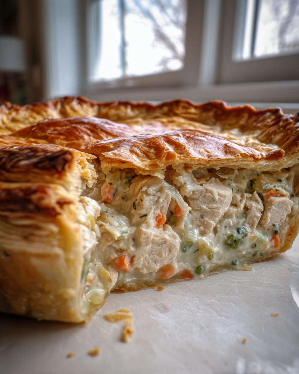 Close-up of a slice removed from a turkey pot pie recipe, showing creamy filling with turkey chunks, carrots, and peas under a golden, flaky crust.