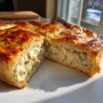 A golden-brown, flaky crust turkey pot pie recipe cut open to show creamy filling and shredded turkey.