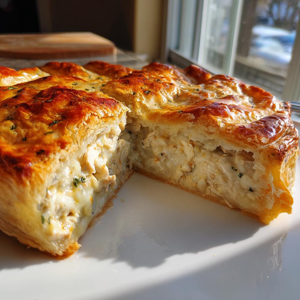 A golden-brown, flaky crust turkey pot pie recipe cut open to show creamy filling and shredded turkey.