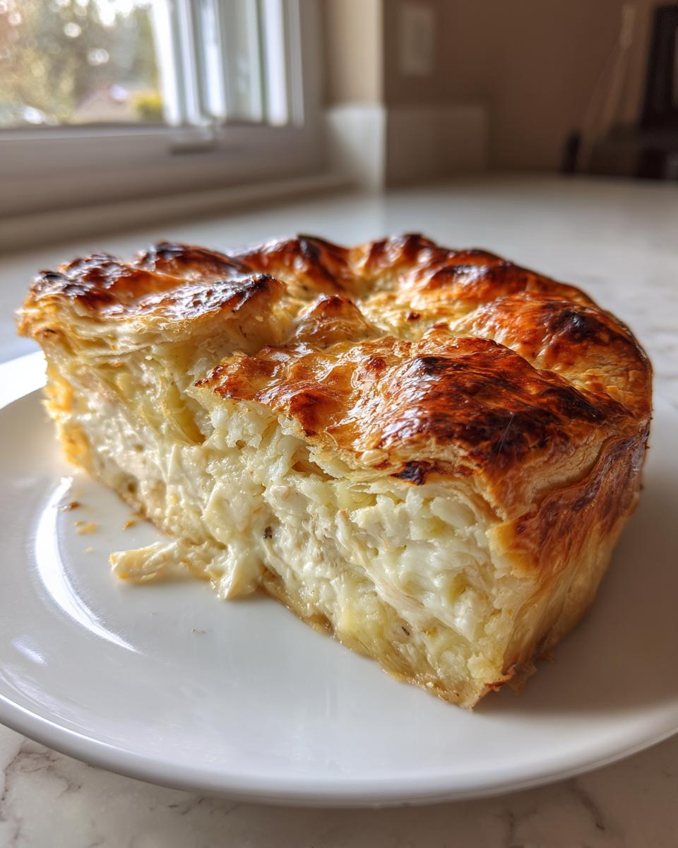 A thick slice of turkey pot pie with a creamy white filling and a beautifully browned, flaky puff pastry crust.