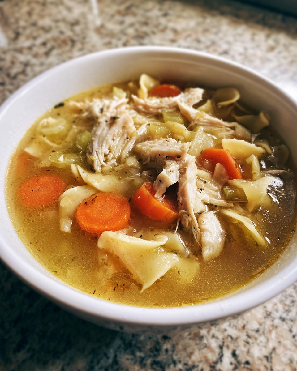 Close-up of a white bowl filled with rich, golden turkey soup featuring shredded turkey, wide egg noodles, and bright carrot slices.