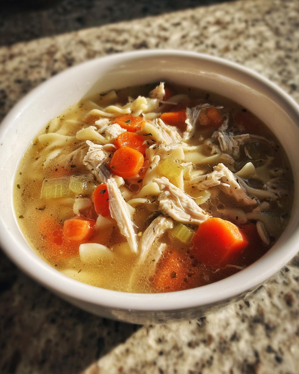 Close-up of a white bowl filled with steaming turkey soup, featuring shredded turkey, egg noodles, and bright orange carrots.