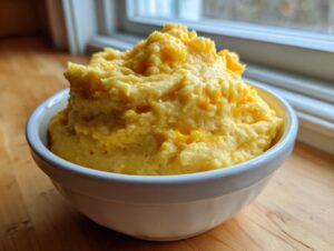 A close-up of a white bowl piled high with creamy, bright yellow cheese grits, set on a wooden surface near a window.