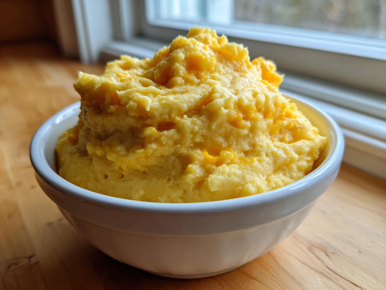A close-up of a white bowl piled high with creamy, bright yellow cheese grits, set on a wooden surface near a window.