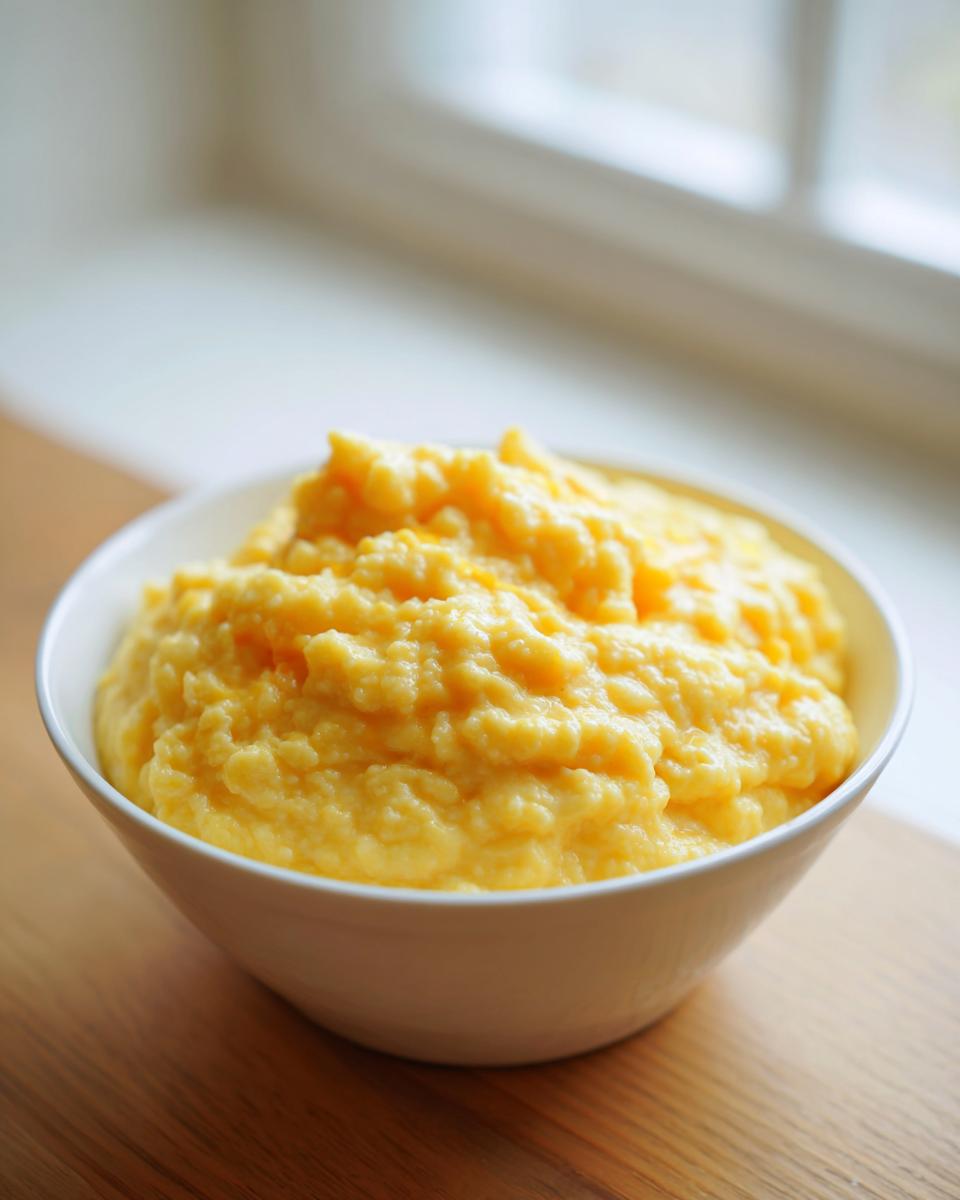 A close-up of a white bowl filled with rich, creamy, yellow cheese grits sitting on a wooden surface near a window.
