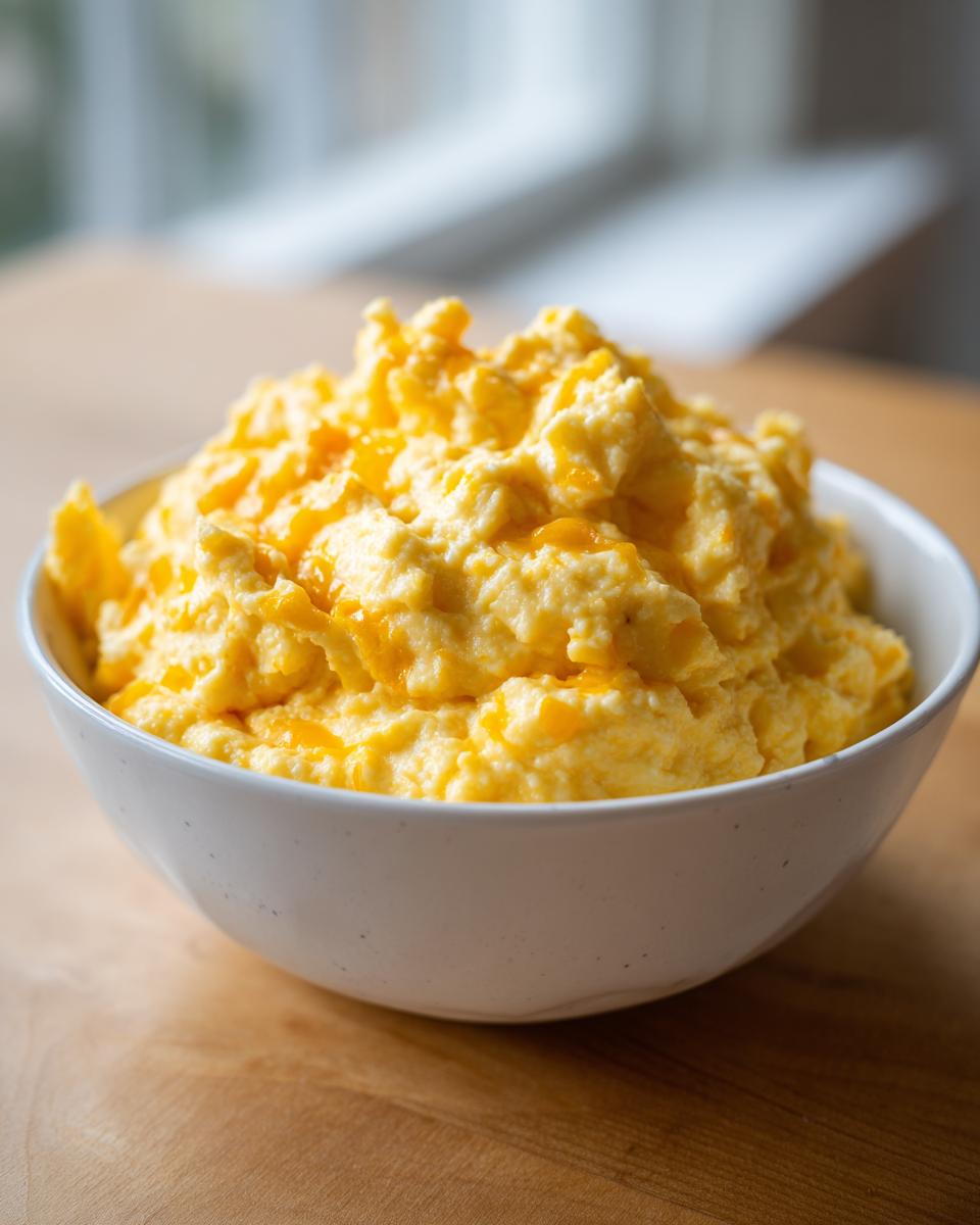 A close-up shot of a white bowl filled with creamy, bright yellow ultimate cheese grits, showing melted cheese pockets.