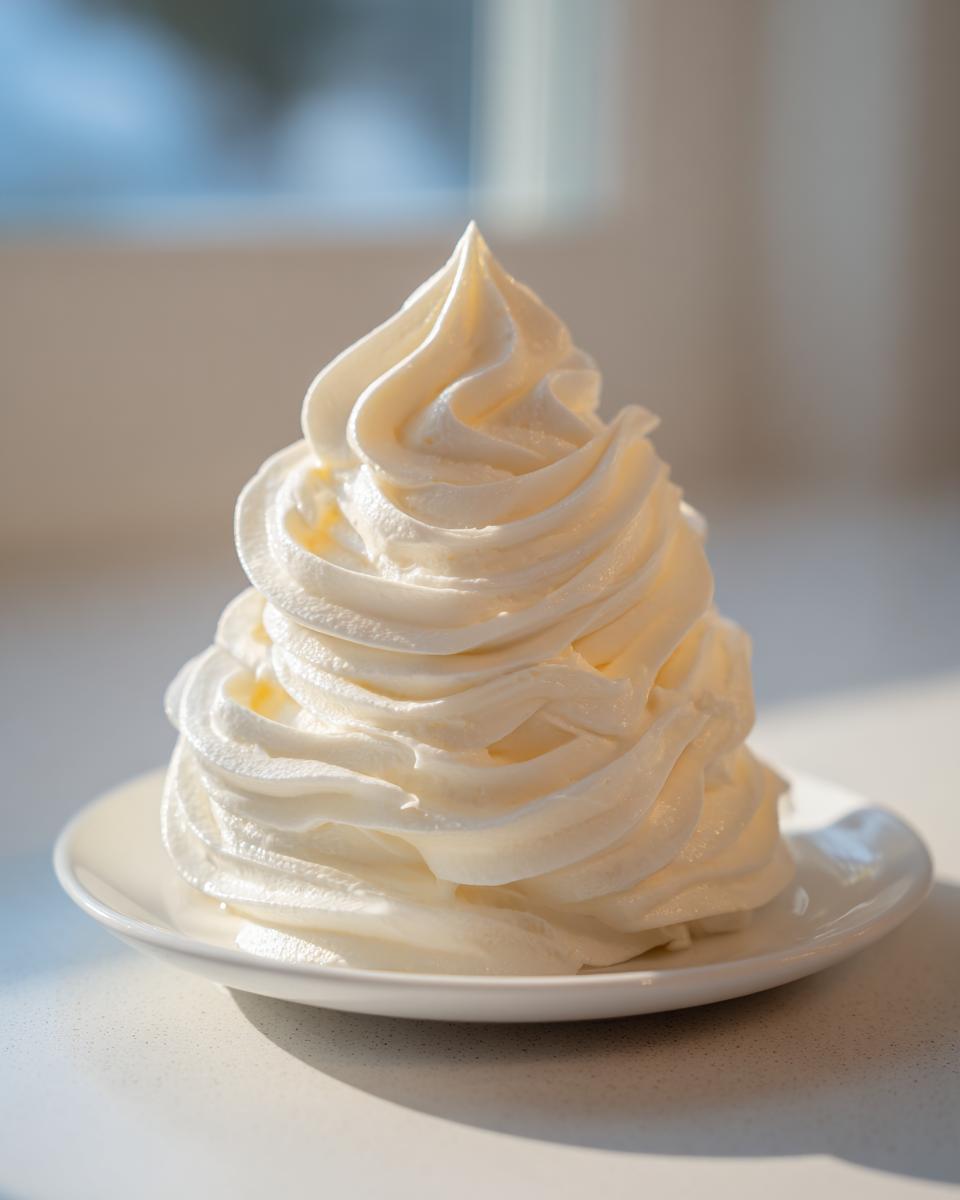 A tall, perfectly piped swirl of creamy vanilla buttercream frosting sitting on a small white plate.