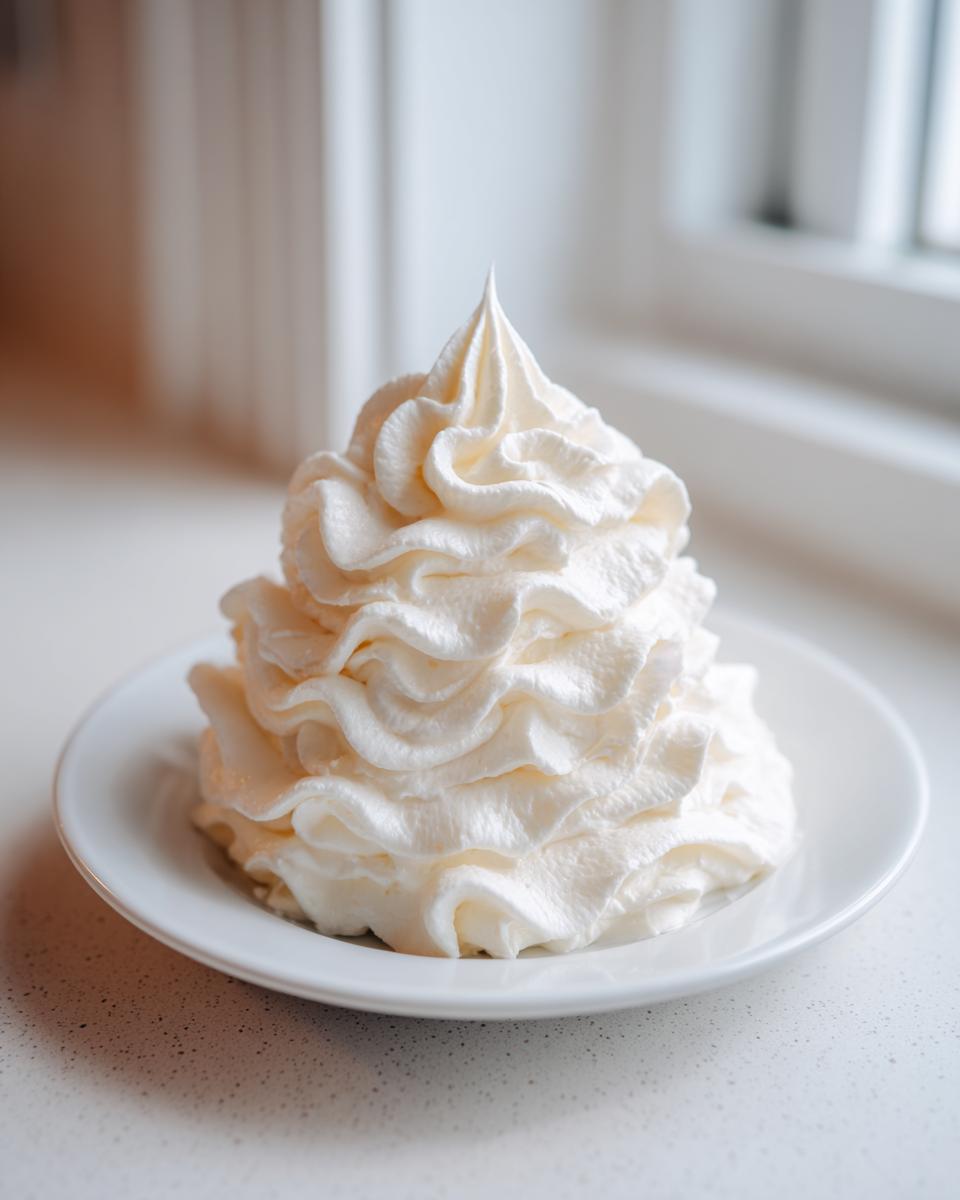 A tall, perfectly piped swirl of creamy white vanilla buttercream frosting sitting on a small white plate.