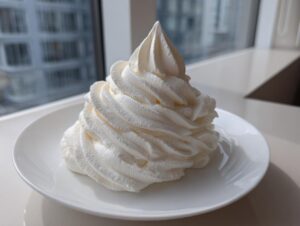 A tall, perfectly piped swirl of bright white vanilla buttercream frosting sitting on a small white plate.