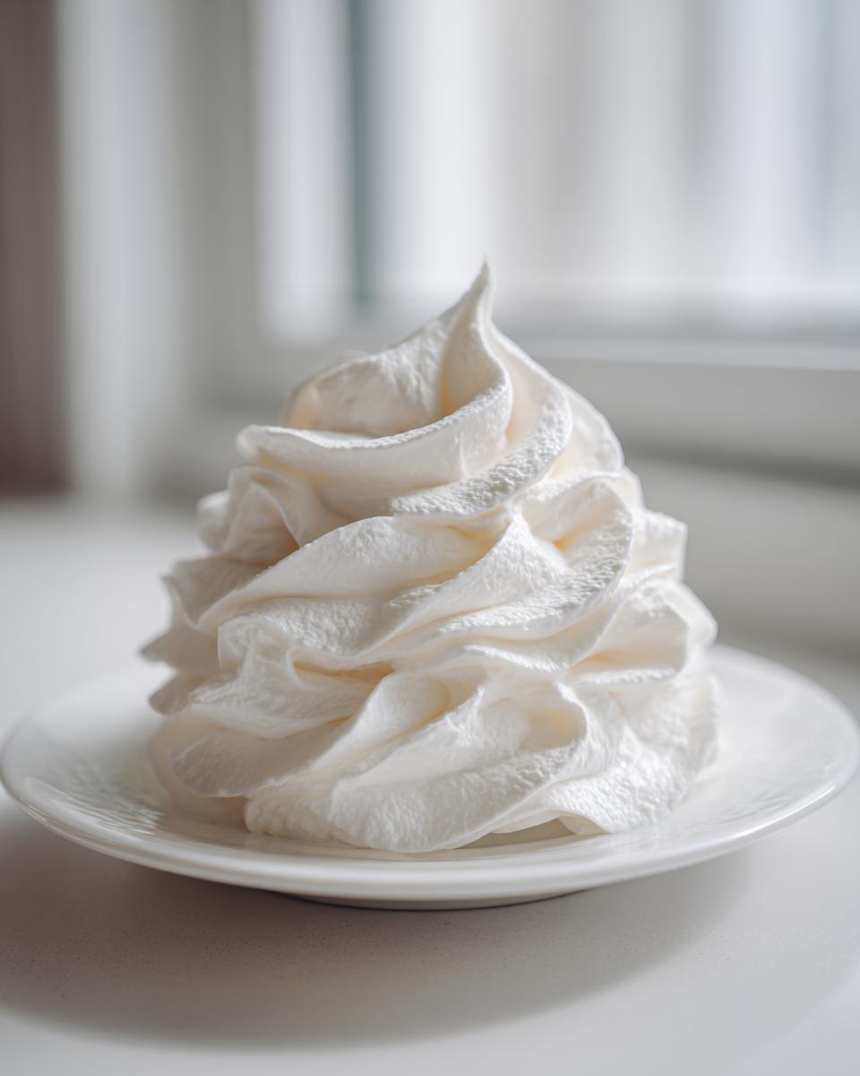A tall, perfectly piped swirl of white vanilla buttercream frosting sitting on a small white saucer.