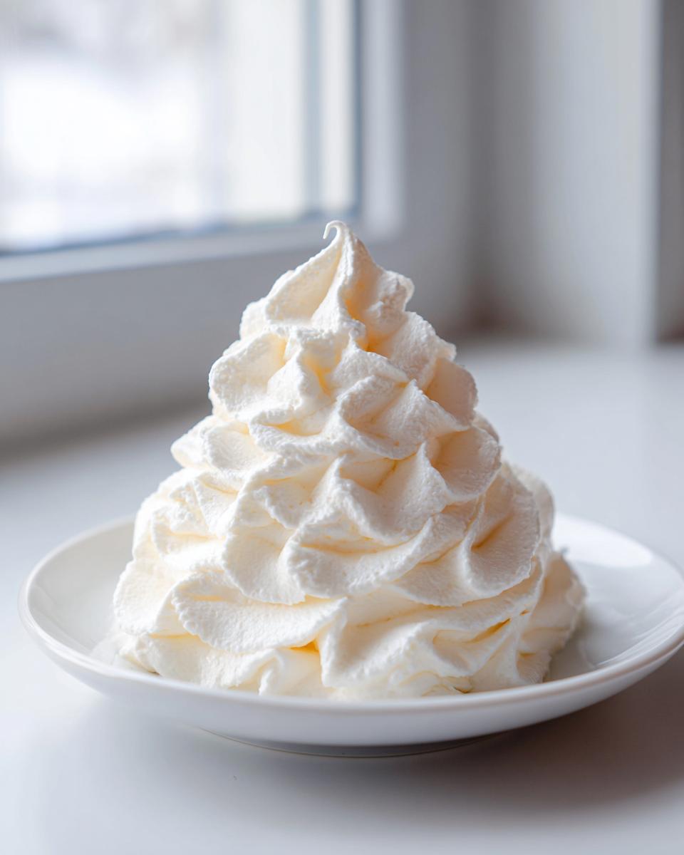 A tall, perfectly piped swirl of fluffy white vanilla buttercream frosting served on a small white saucer.