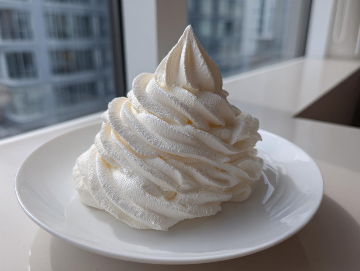 A tall, perfectly piped swirl of bright white vanilla buttercream frosting sitting on a small white plate.