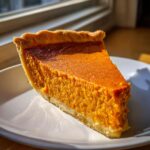 A close-up slice of rich, orange sweet potato pie with a flaky crust sitting on a white plate near a window.