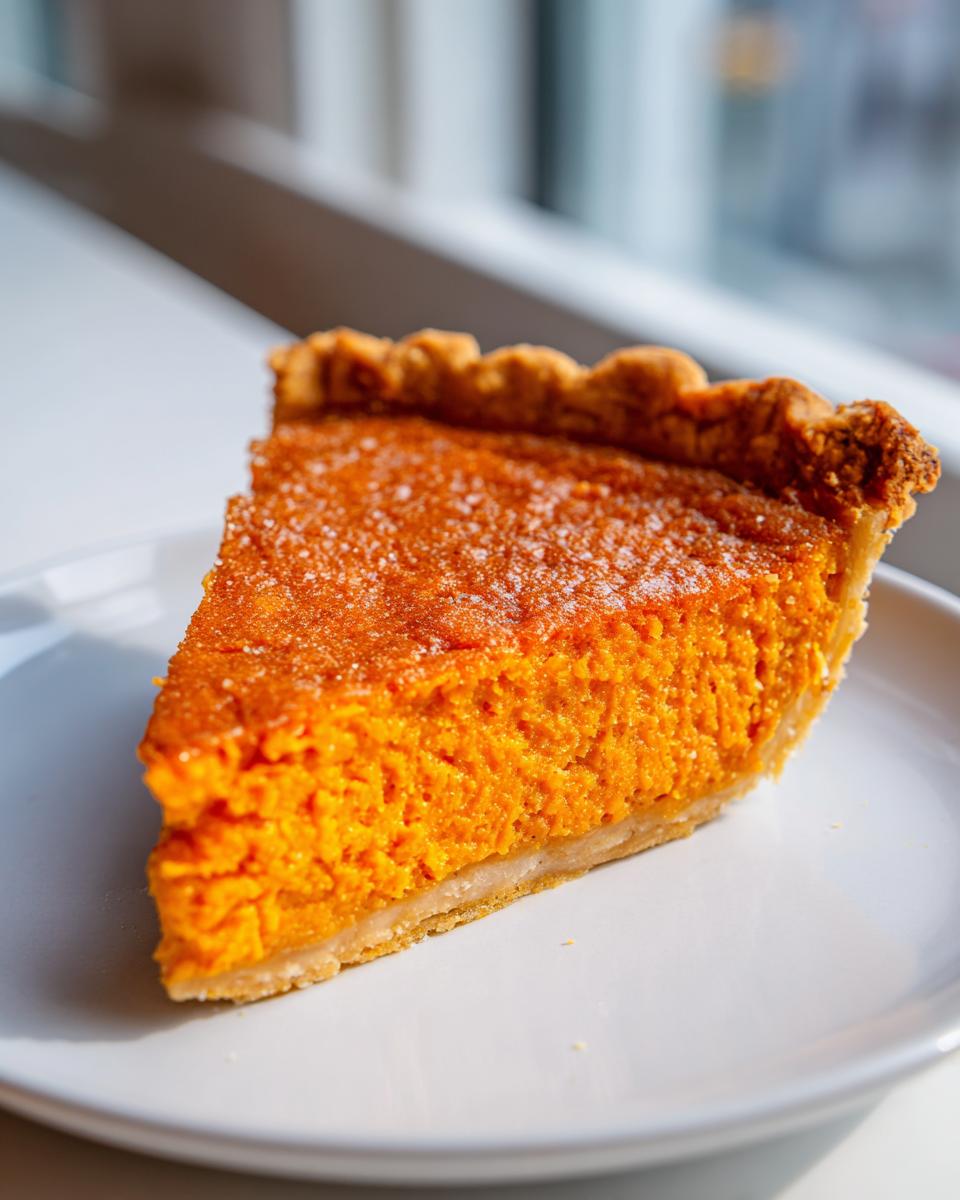 A close-up of a rich, vibrant orange slice of sweet potato pie on a white plate, lightly dusted with sugar.