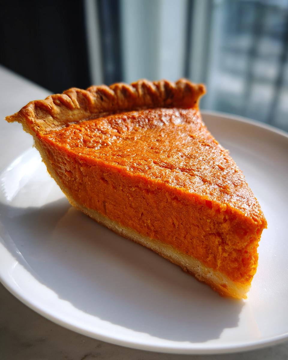 A close-up of a thick, vibrant orange slice of sweet potato pie on a white plate.