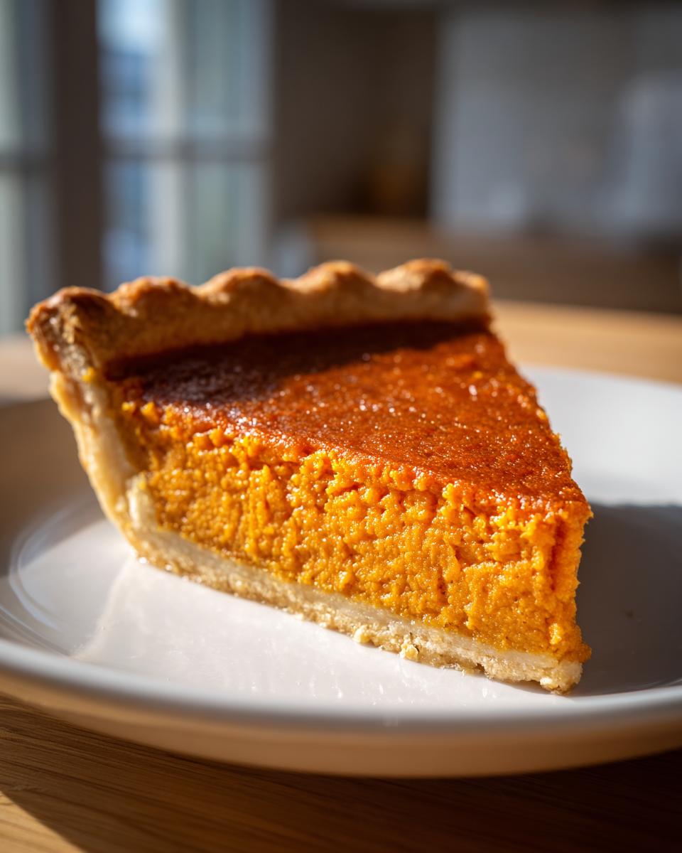 A close-up slice of rich, orange sweet potato pie resting on a white plate, highlighting the texture.