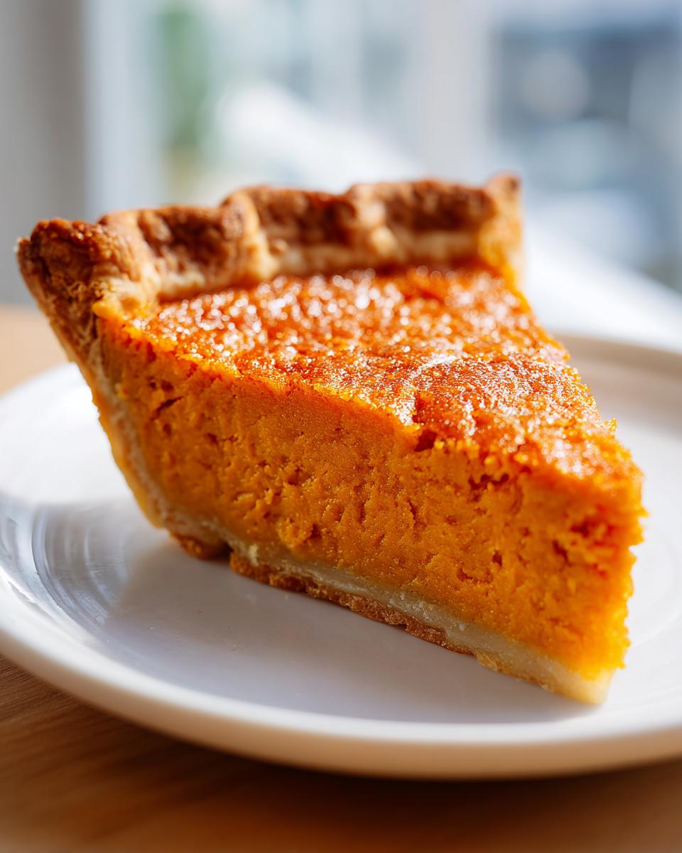 Close-up of a rich, orange slice of velvet sweet potato pie on a white plate, featuring a flaky crust.