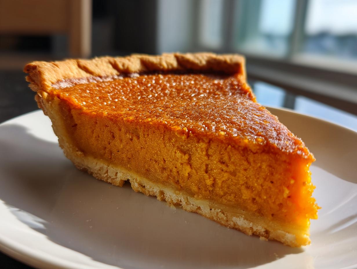 A close-up, sunlit slice of rich orange sweet potato pie resting on a white plate.