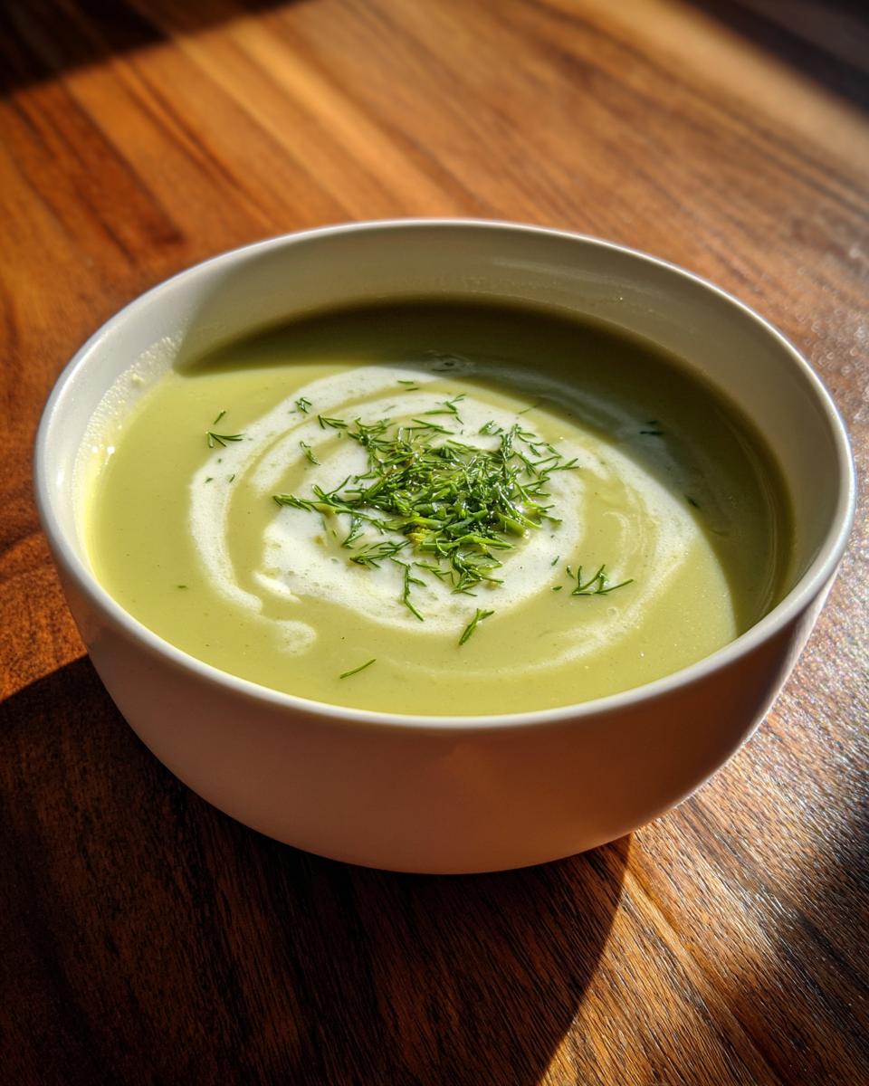 A close-up of a bowl of velvety green leek soup, garnished with a cream swirl and fresh dill.