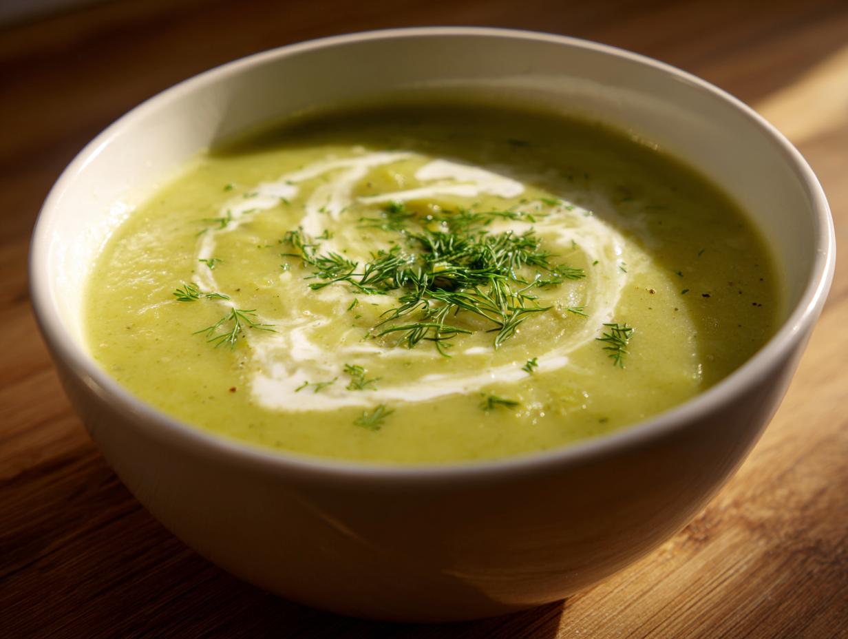 Close-up of a bowl of velvety leek soup, swirled with cream and topped with fresh dill.