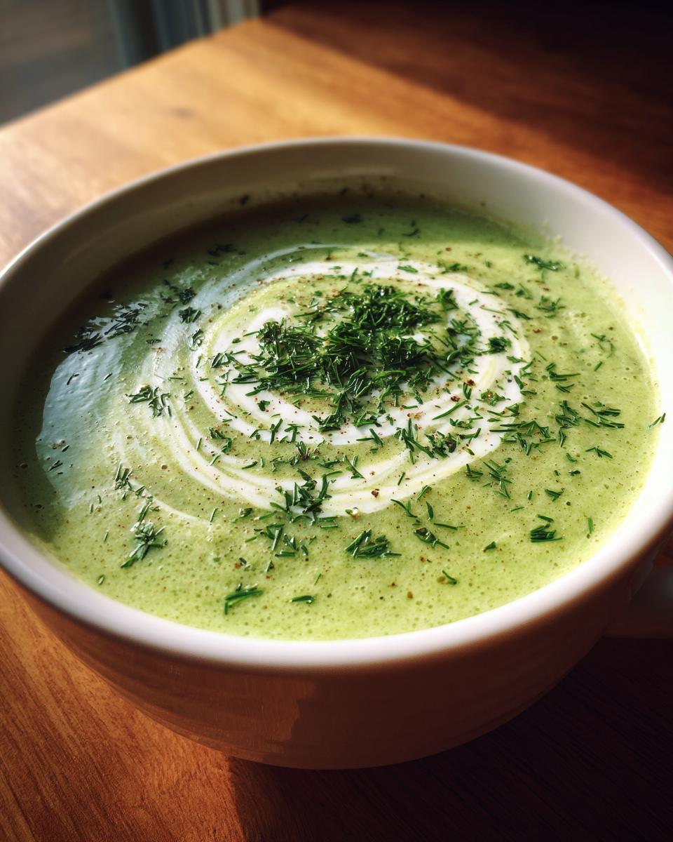 Close-up of a bowl of velvety green leek soup, garnished with a cream swirl and fresh dill.