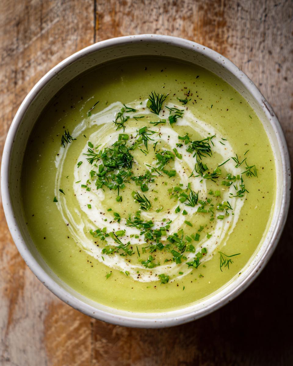 Overhead view of a bowl of velvety green leek soup, swirled with cream and topped with fresh chives and dill.