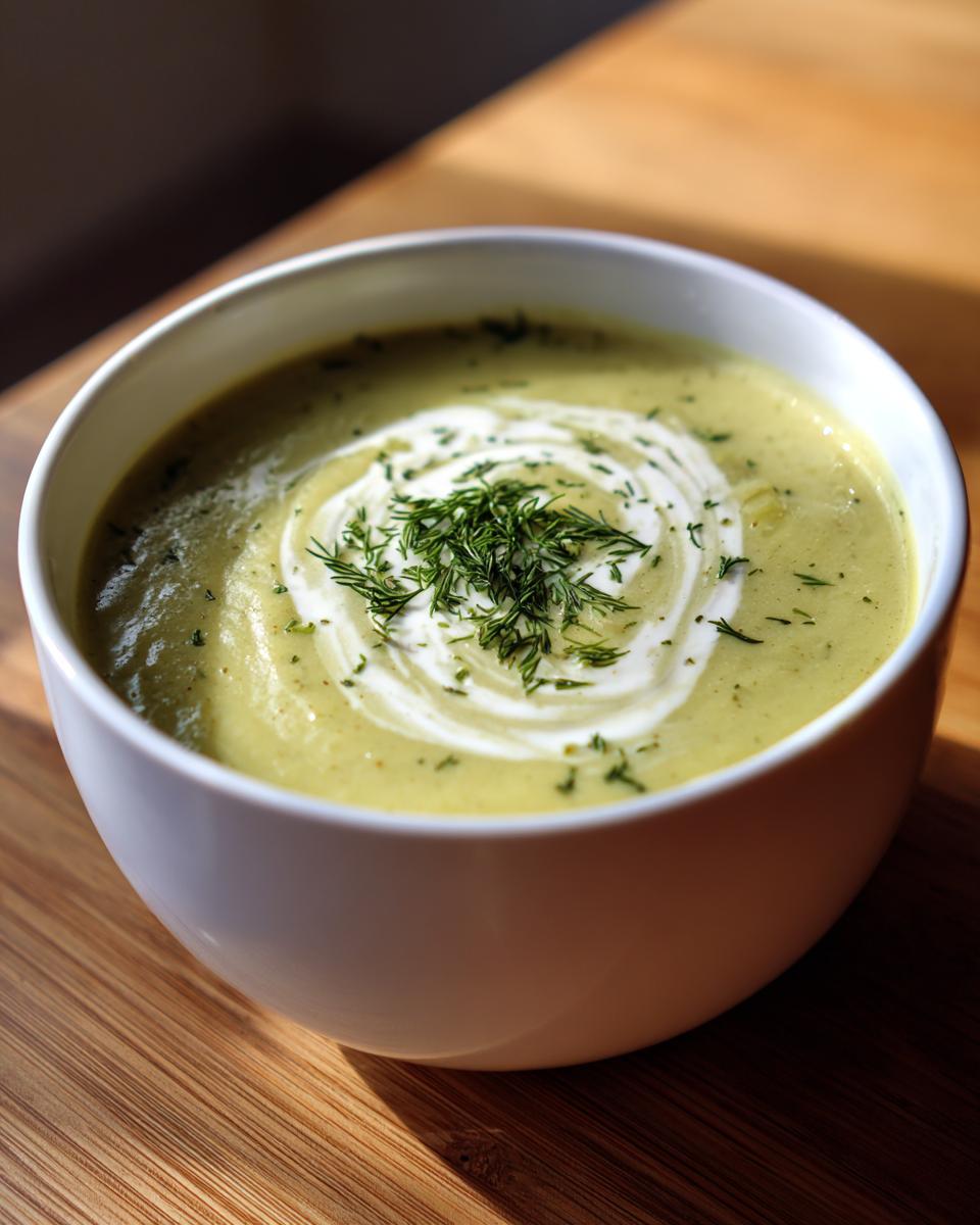 Close-up of a bowl of velvety leek soup, garnished with a cream swirl and fresh dill.