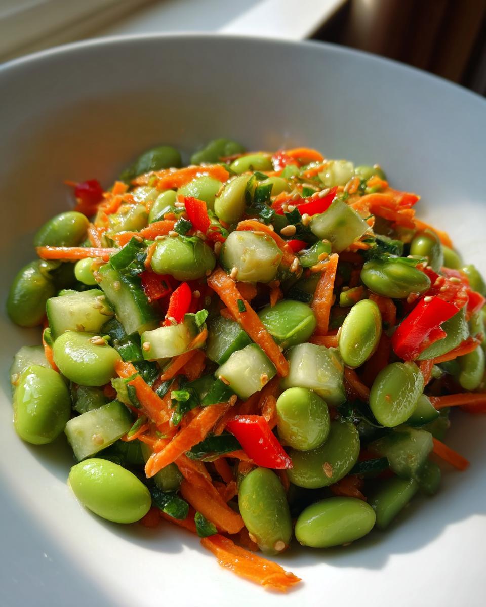 Close-up of a bright, fresh edamame salad featuring shelled edamame, shredded carrots, diced cucumber, and red pepper.