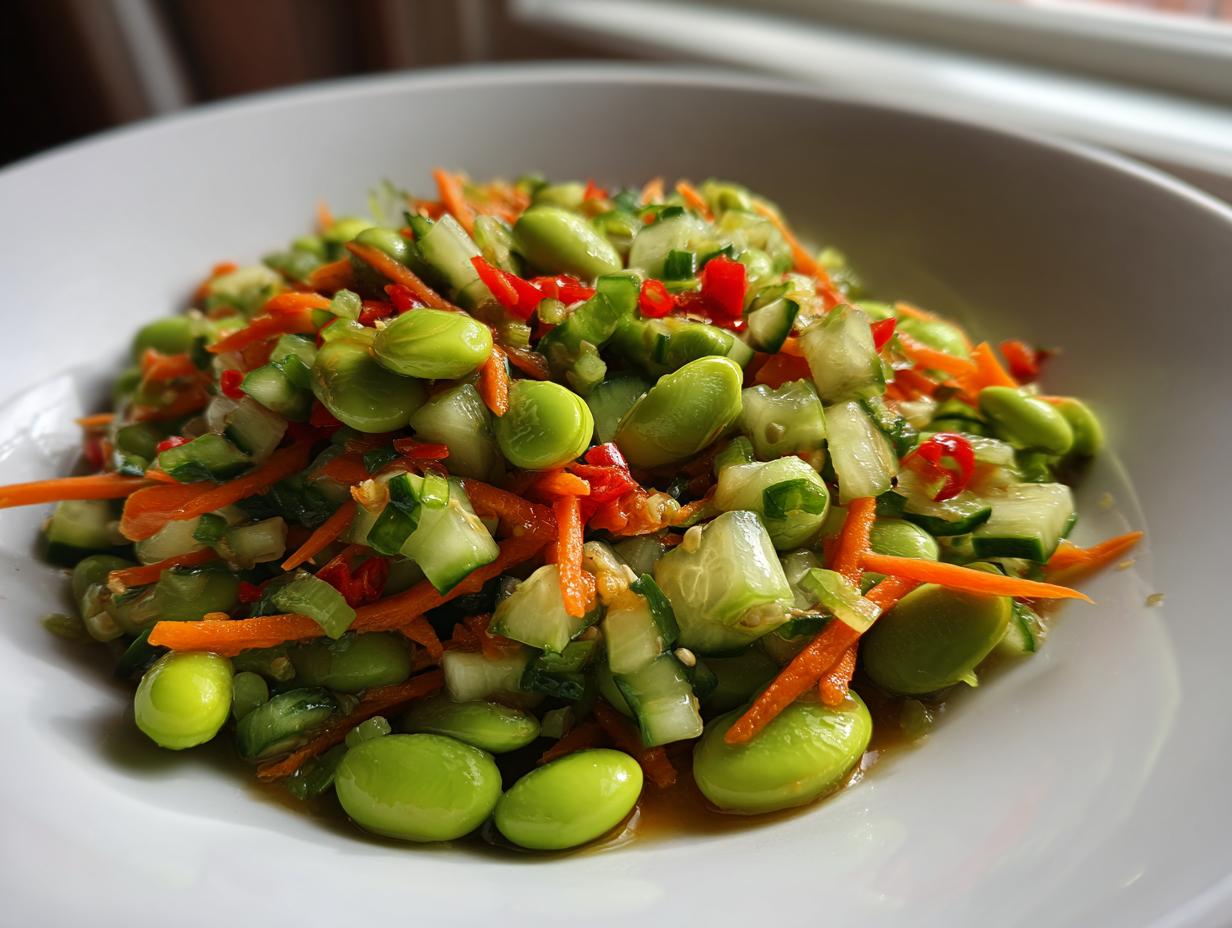 Close-up of a vibrant edamame salad featuring bright green edamame beans, shredded carrots, diced cucumber, and red chili pieces.
