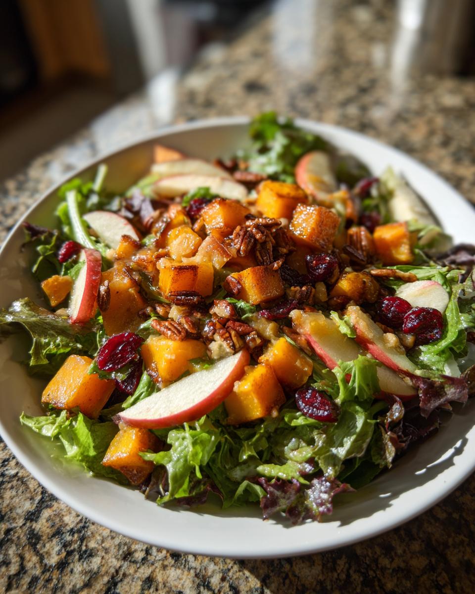 A vibrant fall harvest salad featuring roasted butternut squash, apple slices, pecans, and dried cranberries over mixed greens.