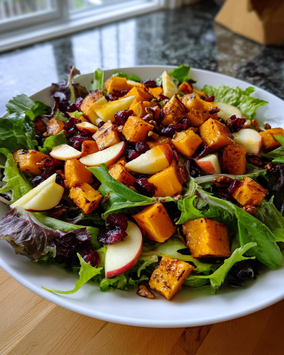 Close-up of a vibrant fall harvest salad featuring roasted butternut squash, apple slices, dried cranberries, and pecans on mixed greens.