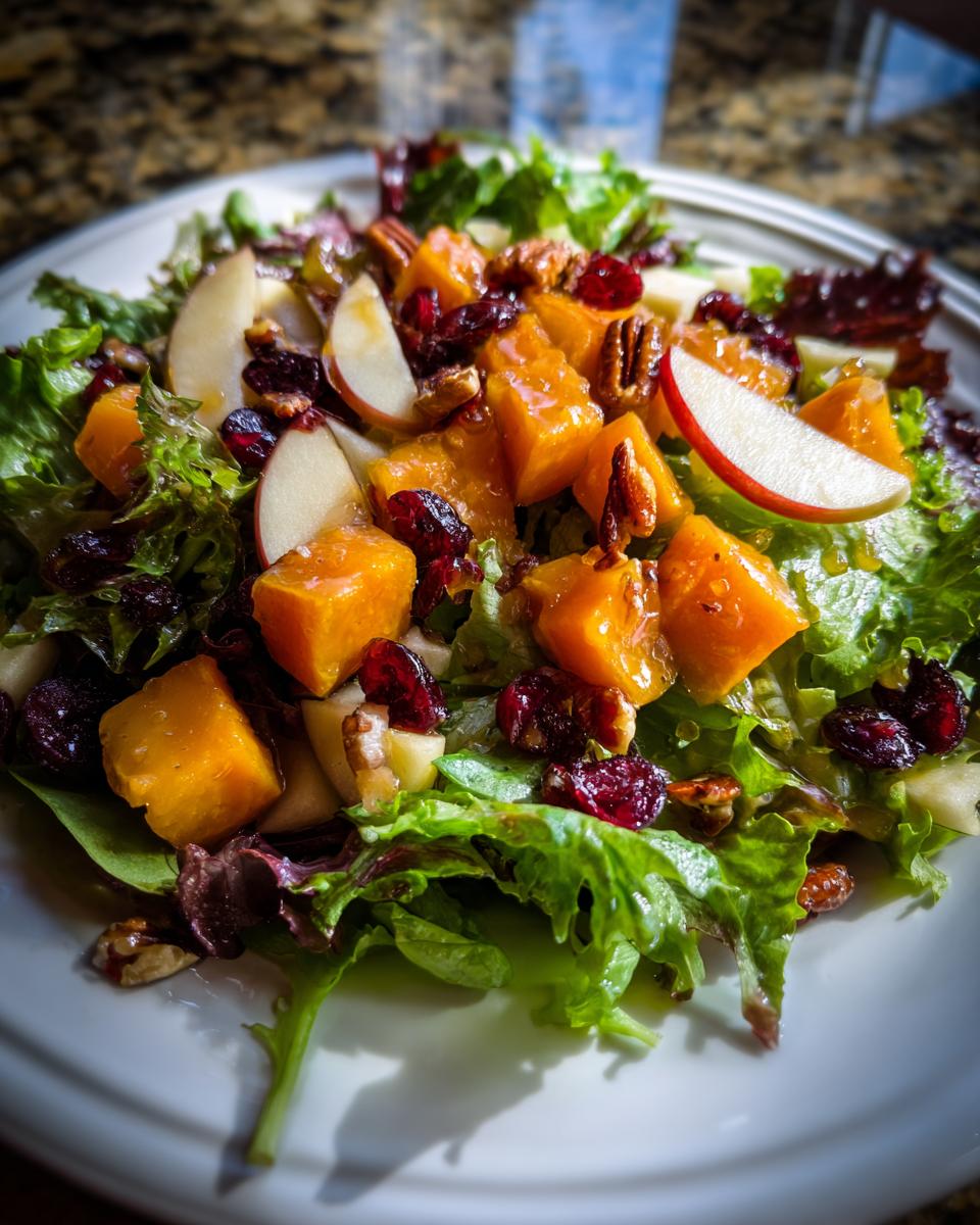 Close-up of a vibrant fall harvest salad featuring bright orange squash cubes, apple slices, pecans, and dried cranberries on mixed greens.