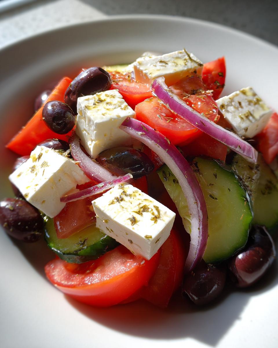 Close-up of a vibrant greek salad featuring chunks of feta, tomatoes, cucumbers, red onion, and Kalamata olives.