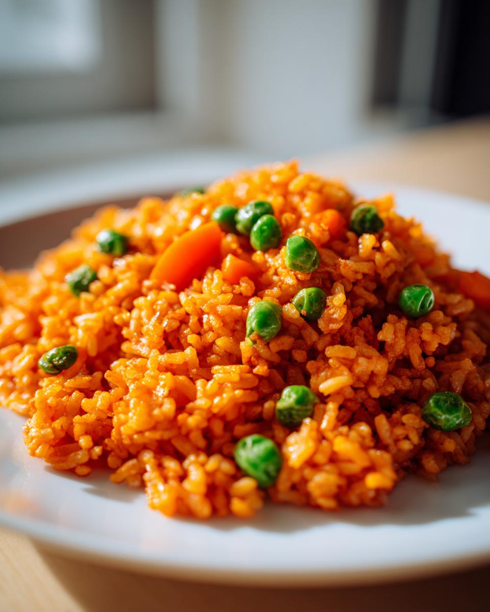 Close-up of a serving of bright orange Mexican rice mixed with green peas and diced carrots on a white plate.