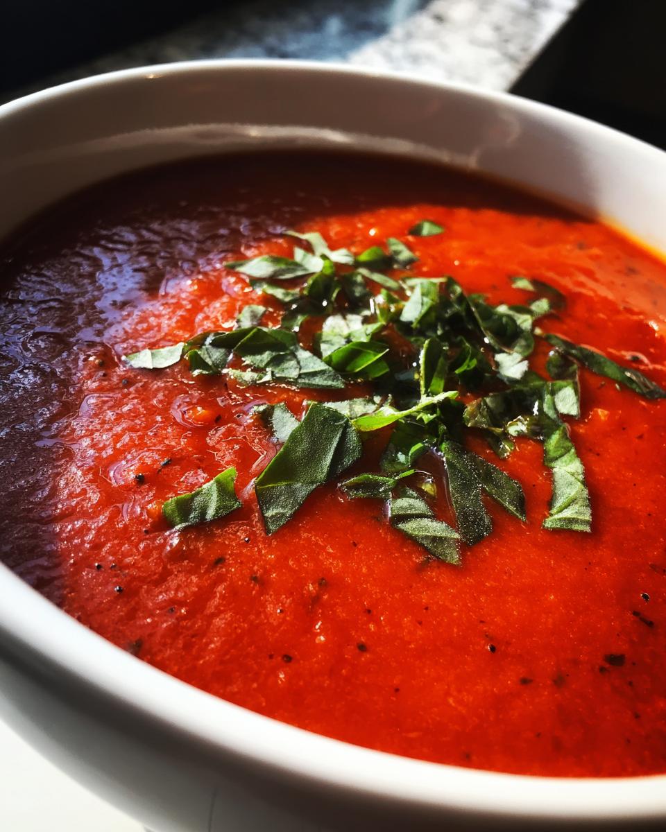 Close-up of a vibrant red tomato bisque in a white bowl, topped with fresh, chopped basil leaves.