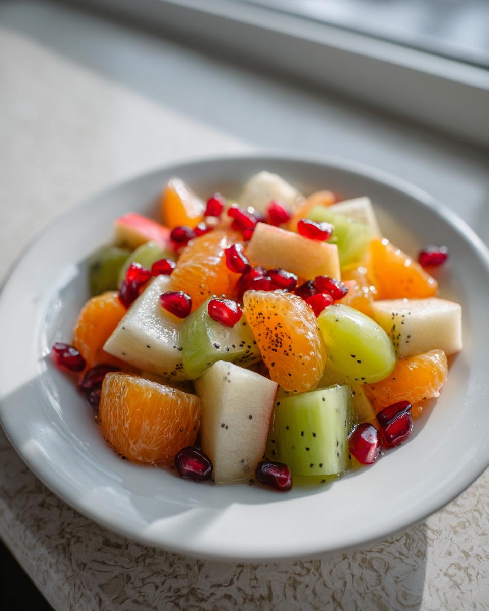 Close-up of a vibrant winter fruit salad featuring mandarin segments, kiwi, and pomegranate seeds in a white bowl.