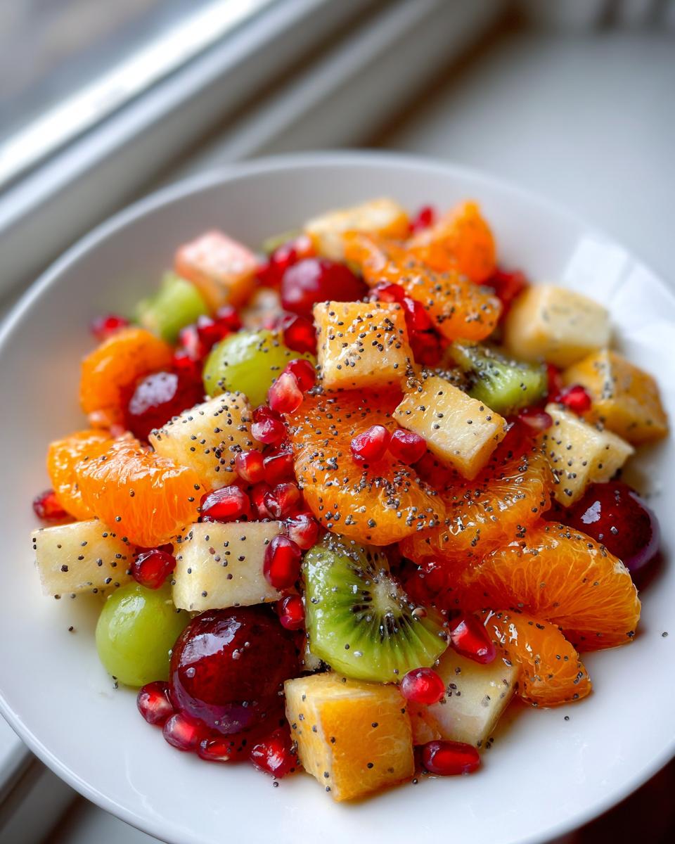 Close-up of a vibrant winter fruit salad featuring oranges, kiwi, pineapple, grapes, and pomegranate seeds topped with chia seeds.