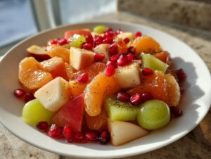 Close-up of a vibrant winter fruit salad featuring mandarin segments, apple chunks, kiwi, grapes, and pomegranate seeds.