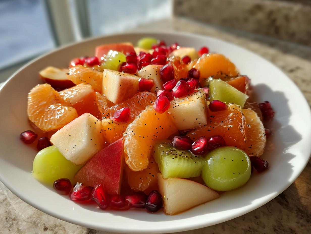 Close-up of a vibrant winter fruit salad featuring mandarin segments, apple chunks, kiwi, grapes, and pomegranate seeds.
