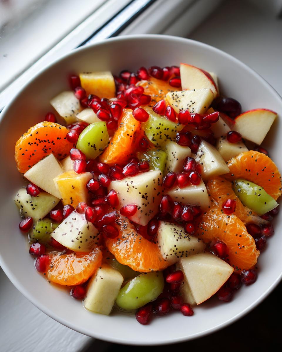 Close-up of a vibrant winter fruit salad featuring oranges, apples, kiwi, grapes, and abundant pomegranate seeds.