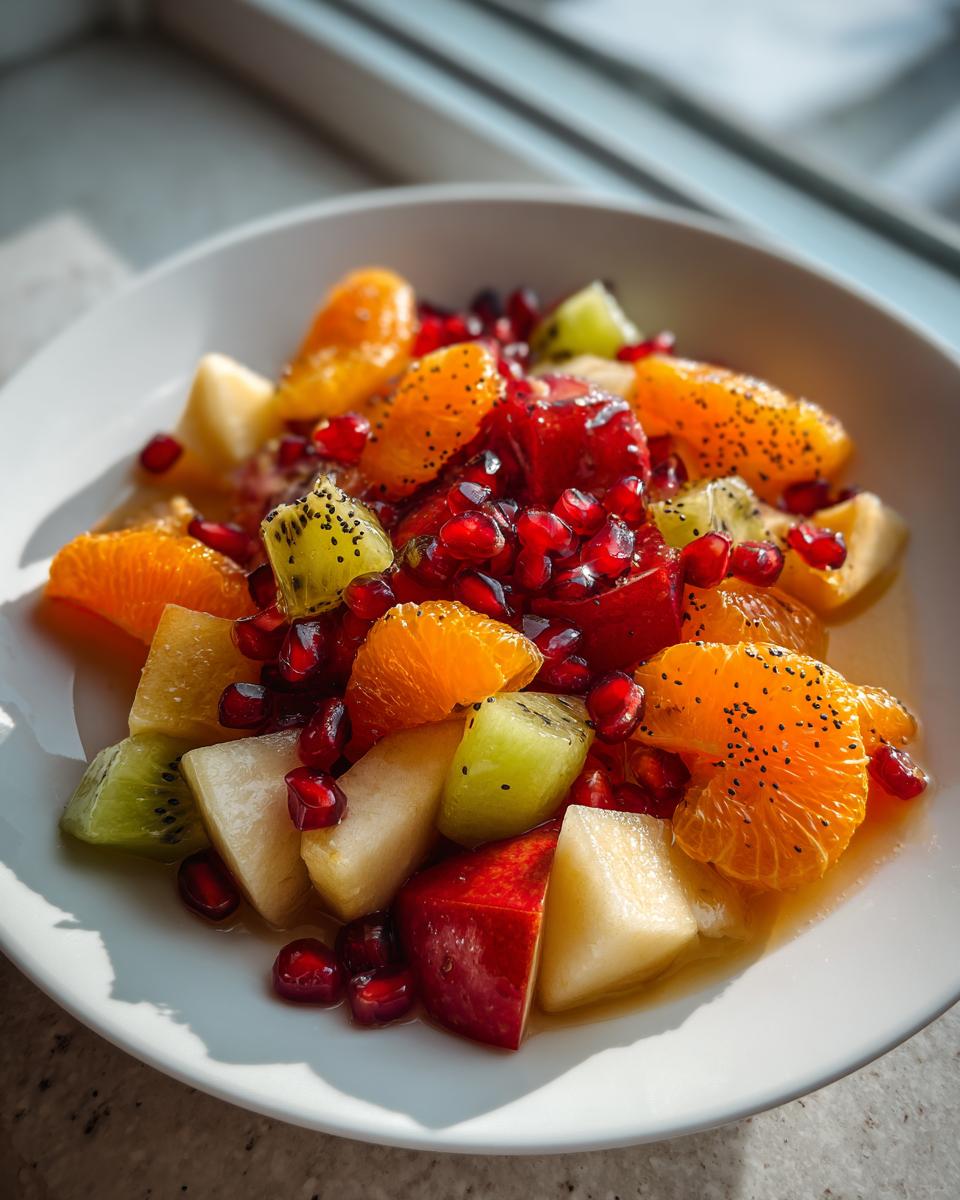 Close-up of a colorful winter fruit salad featuring kiwi, orange slices, apple, and bright pomegranate seeds.