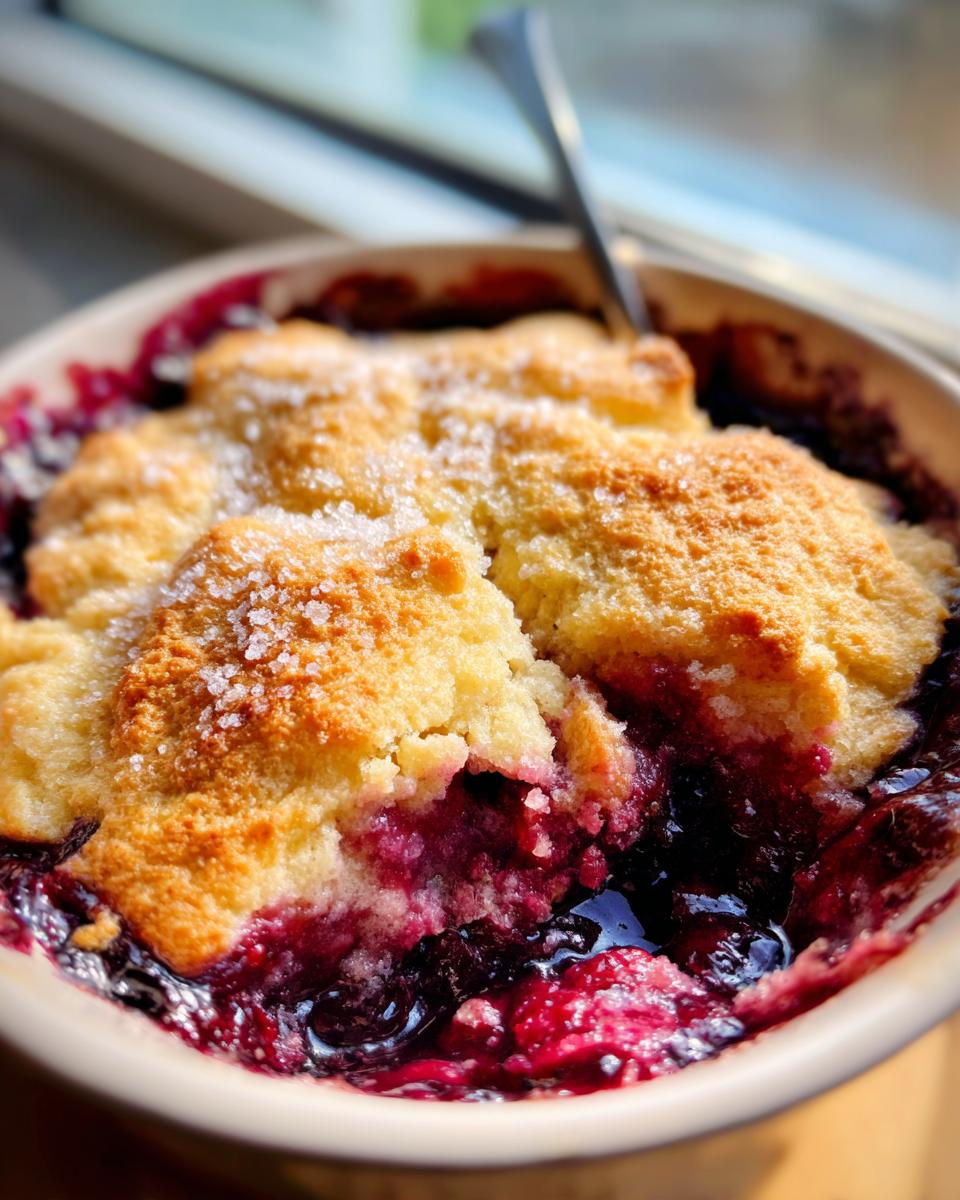 Close-up of a warm mixed berry cobbler with a golden, sugared topping scooped to show the bubbling fruit filling.