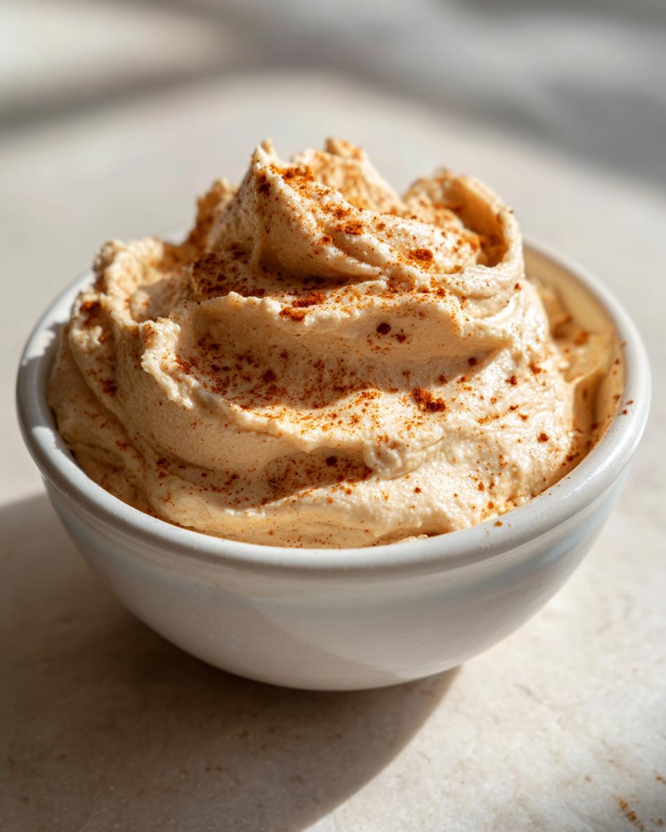 A close-up of fluffy, whipped cinnamon butter dusted with extra spice in a white ramekin.