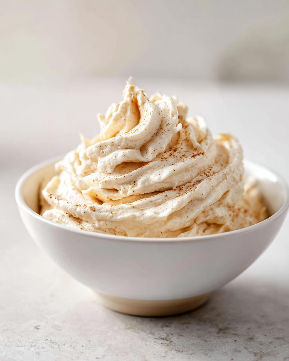 A generous swirl of light, fluffy cinnamon butter, dusted with spice, served in a white bowl.