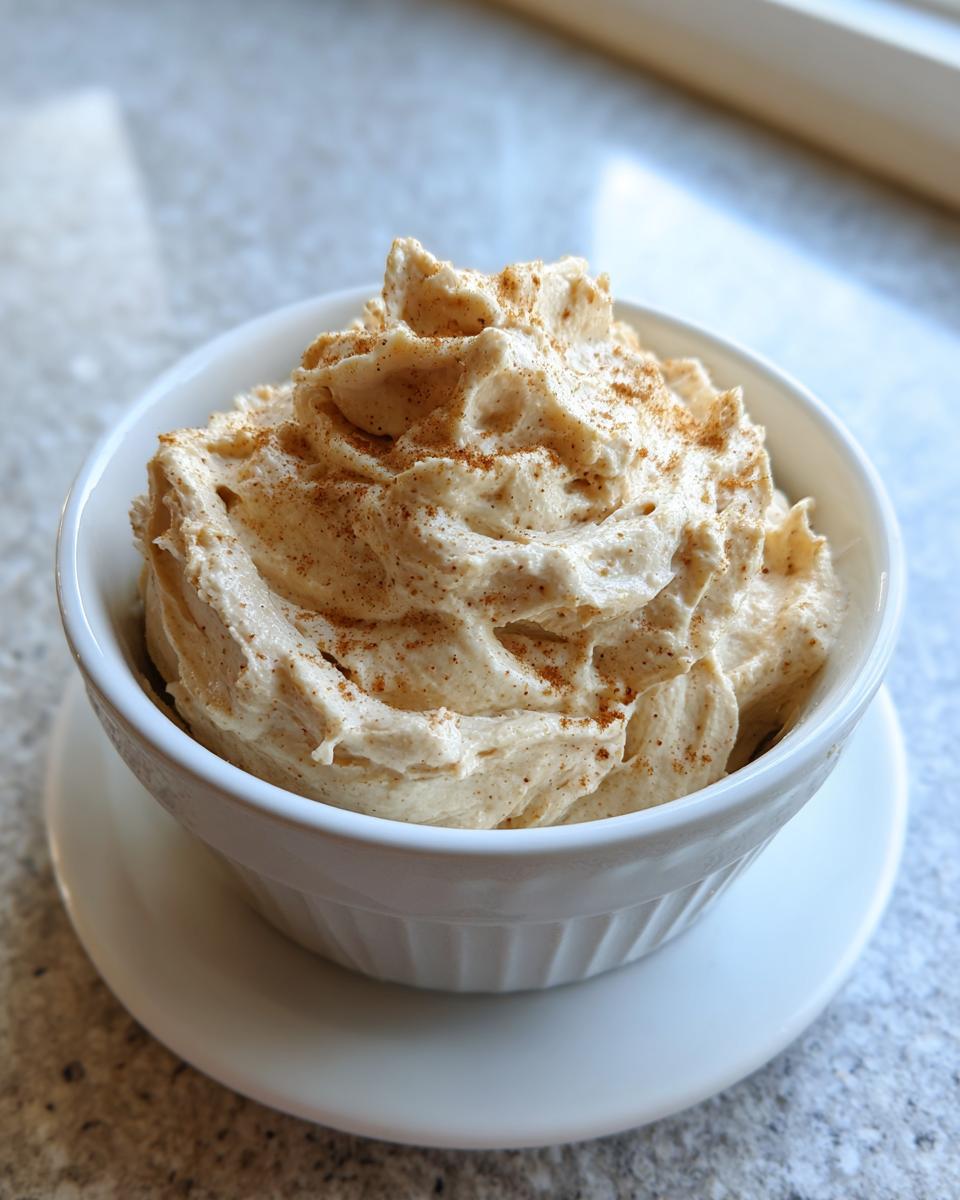 A fluffy swirl of homemade cinnamon butter, dusted with extra cinnamon, served in a small white bowl.