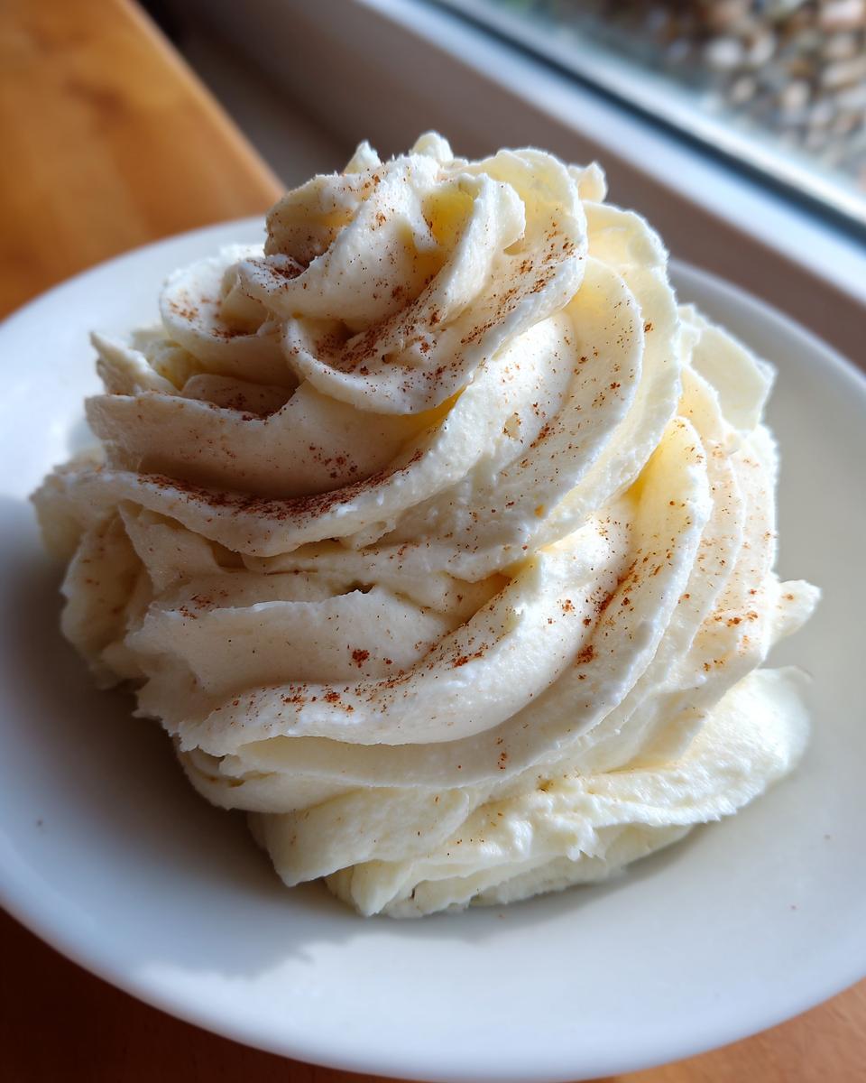 Close-up of fluffy whipped honey butter, piped into a swirl and dusted with cinnamon.