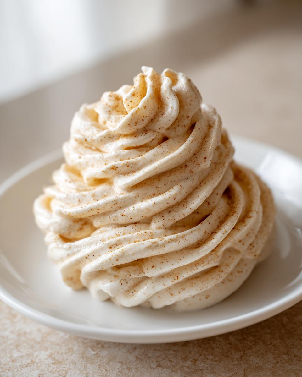 A perfectly piped swirl of creamy, spiced honey butter recipe served on a small white dish.