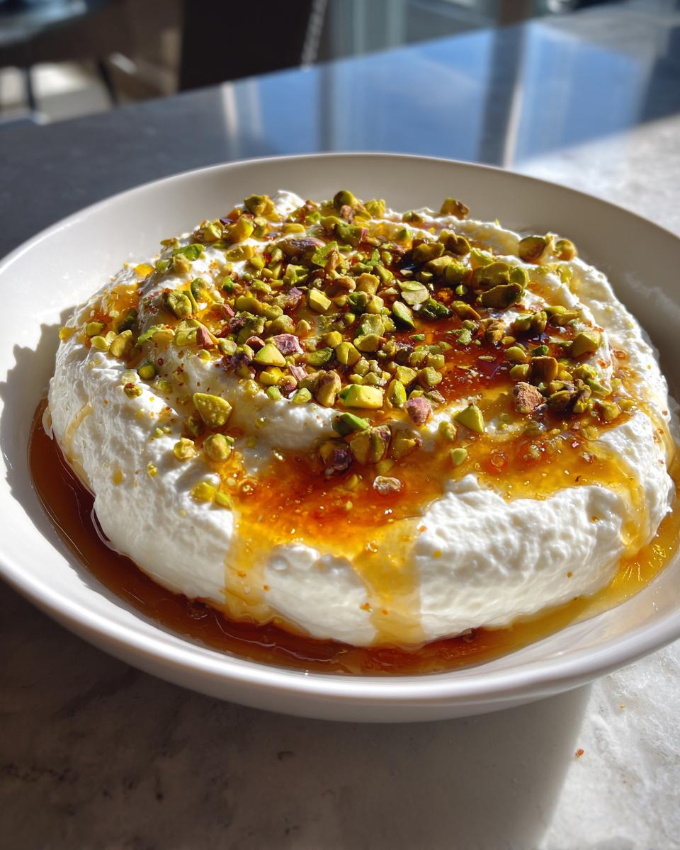 A bowl of creamy whipped ricotta dip drizzled with honey and topped with chopped pistachios.