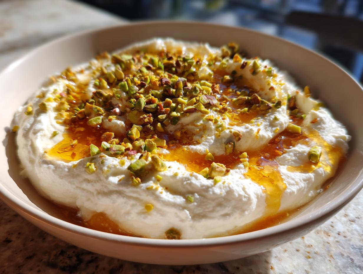 Close-up of a creamy ricotta dip drizzled with golden honey and topped with chopped green pistachios.