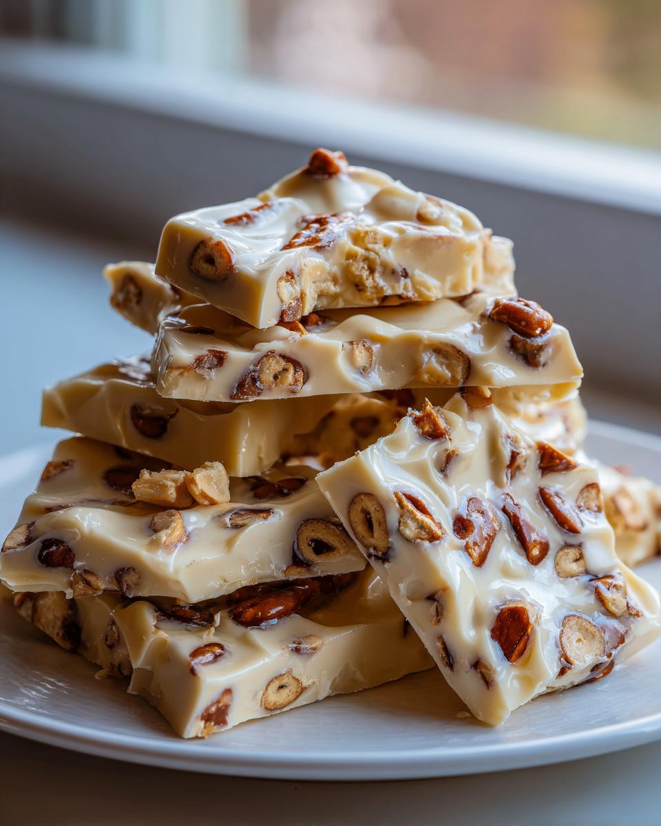 A stack of broken white chocolate pieces loaded with nuts and pretzels, resembling peanut butter pretzel bark.
